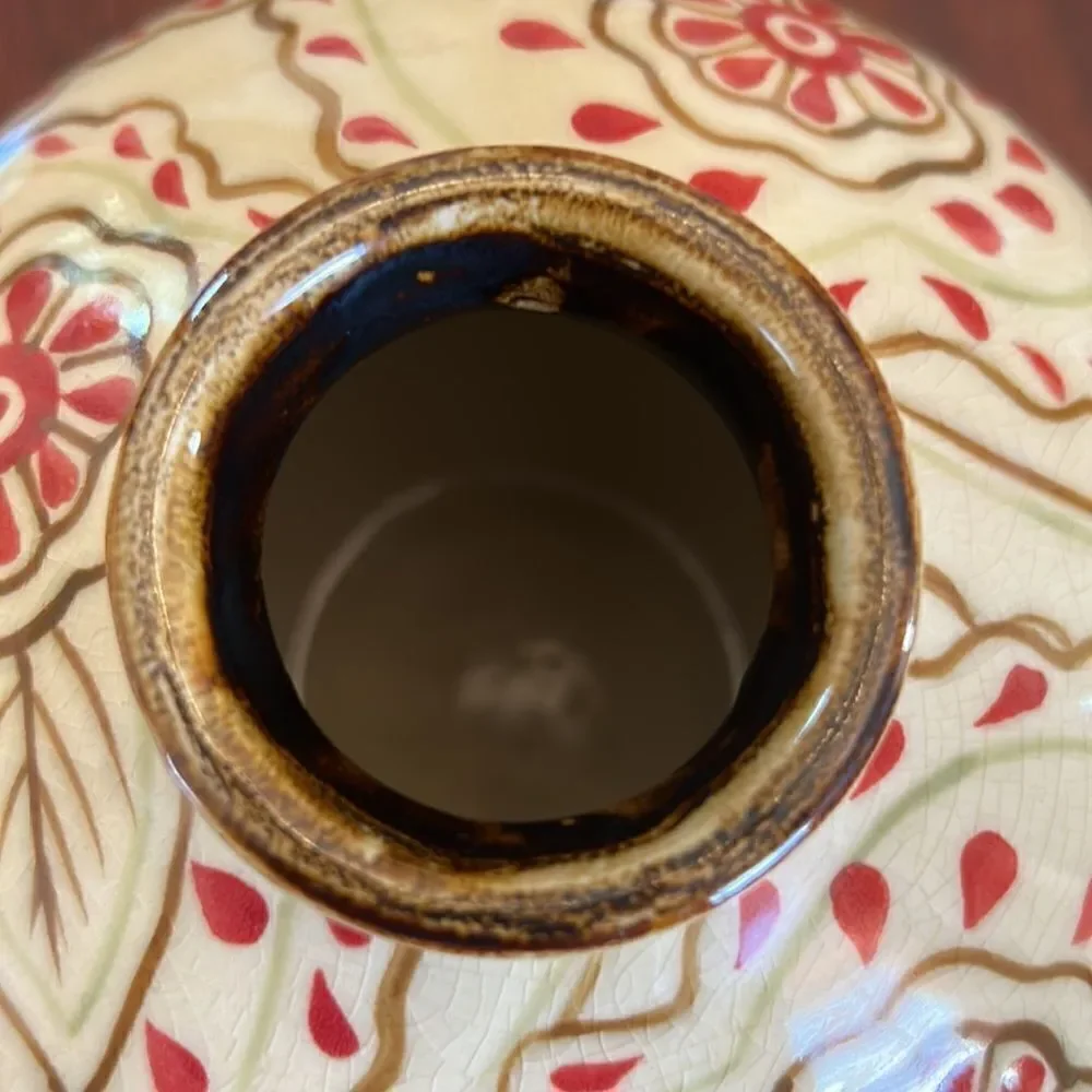 Stoneware hand painted cream burgundy vase